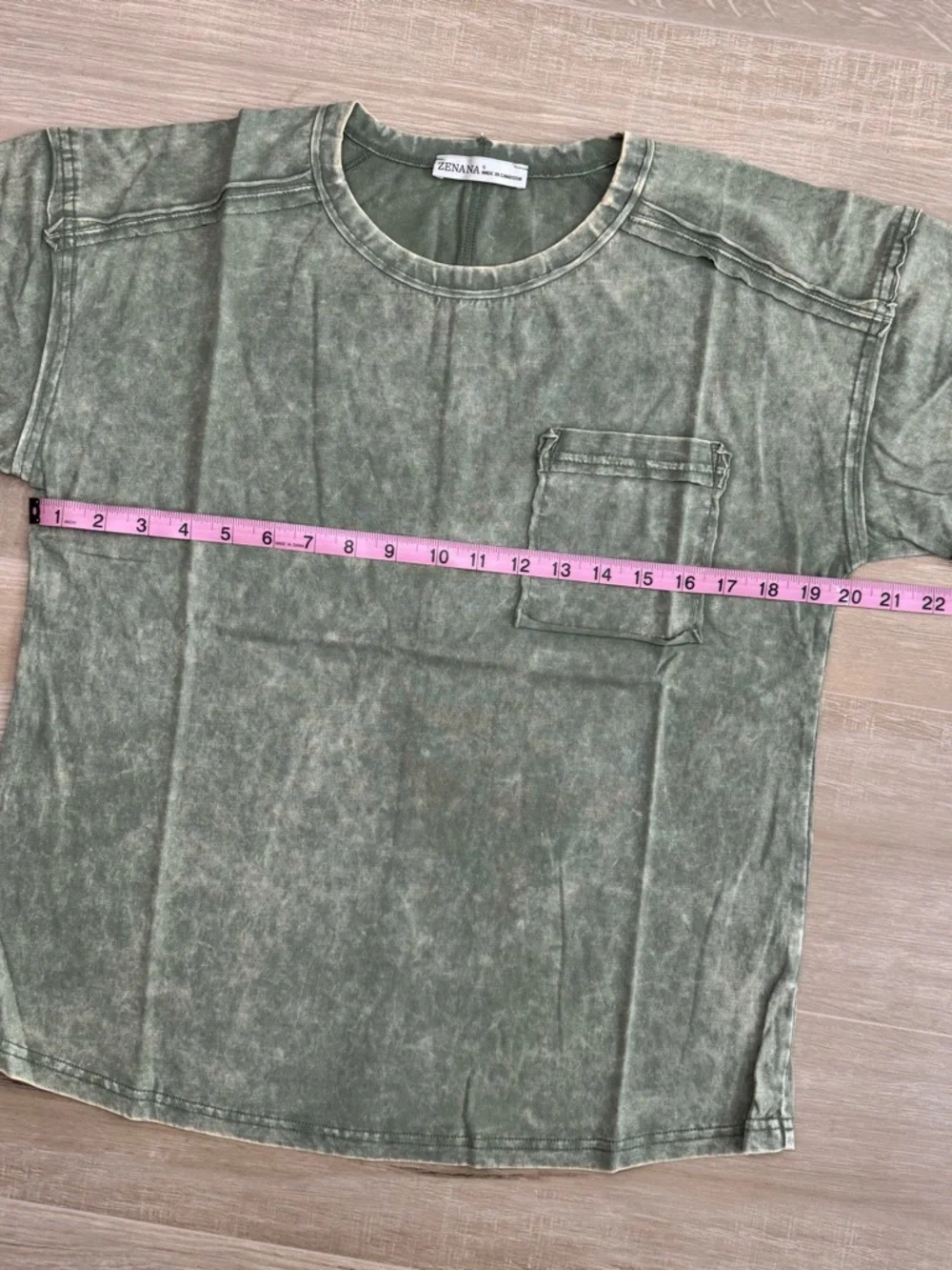 Zenana Washed Olive Green Pocket Tee | Vintage Mineral Wash Relaxed Fit Top NEW - Picture 3 of 3